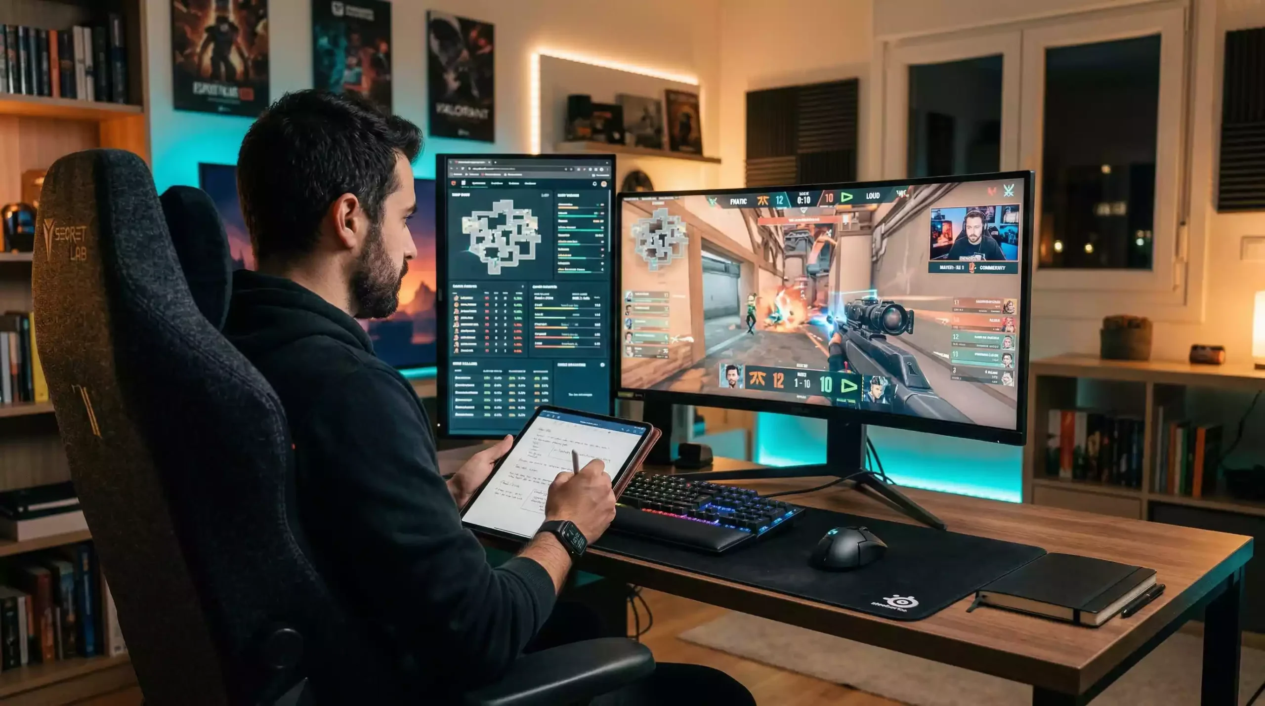Persona viendo partida de League of Legends en directo mientras toma notas