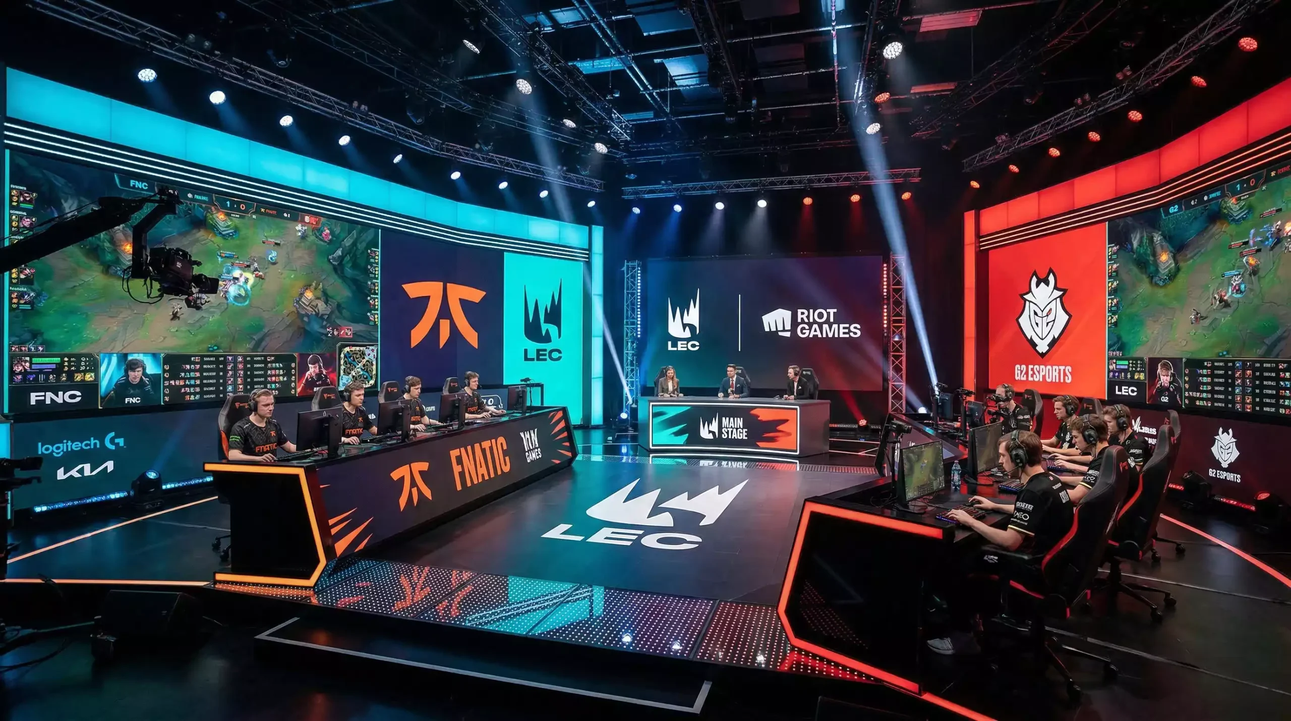 Escenario de competición de la Liga Europea de League of Legends con equipos compitiendo