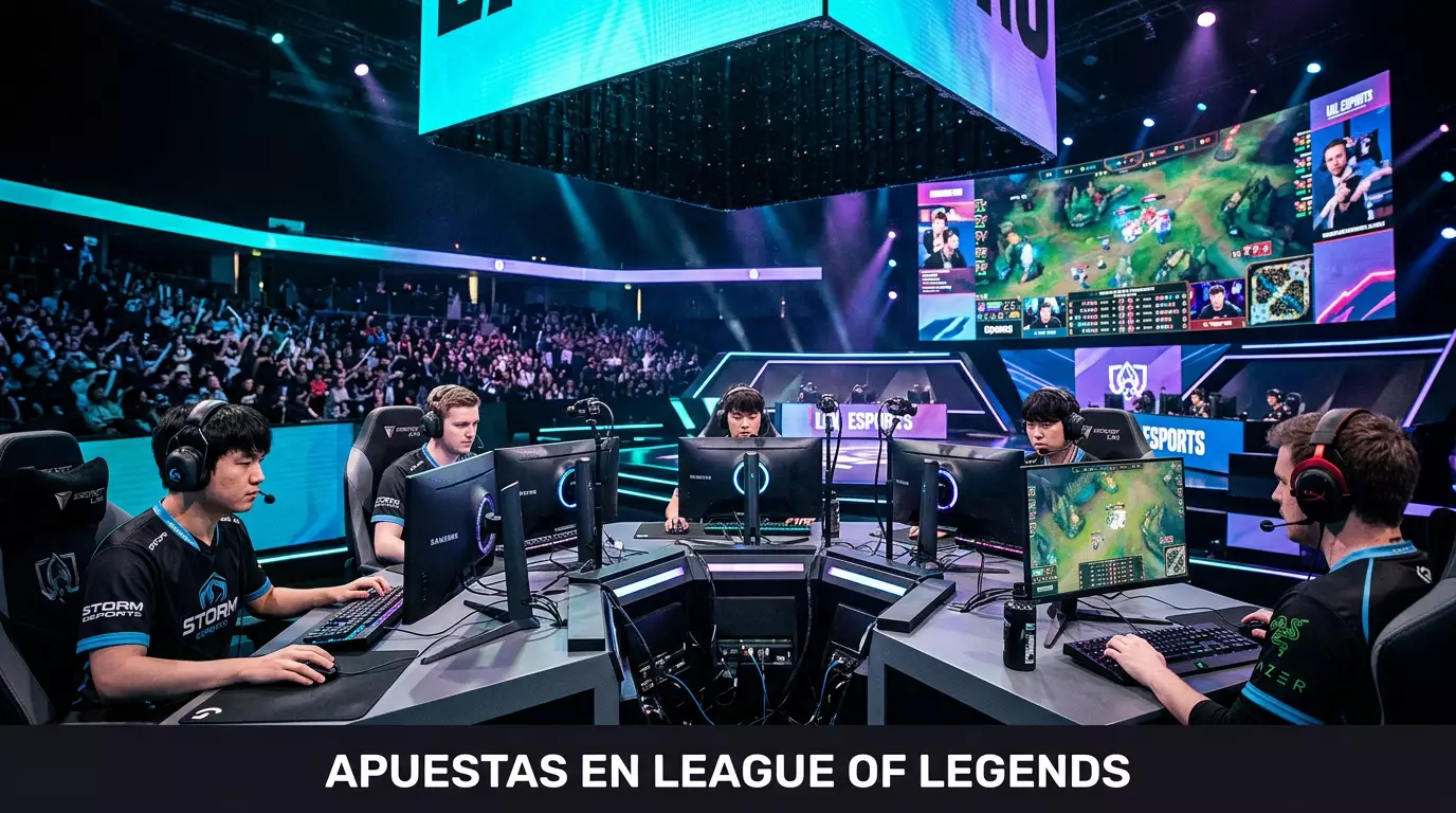 Escena competitiva de League of Legends con jugadores profesionales en un torneo internacional