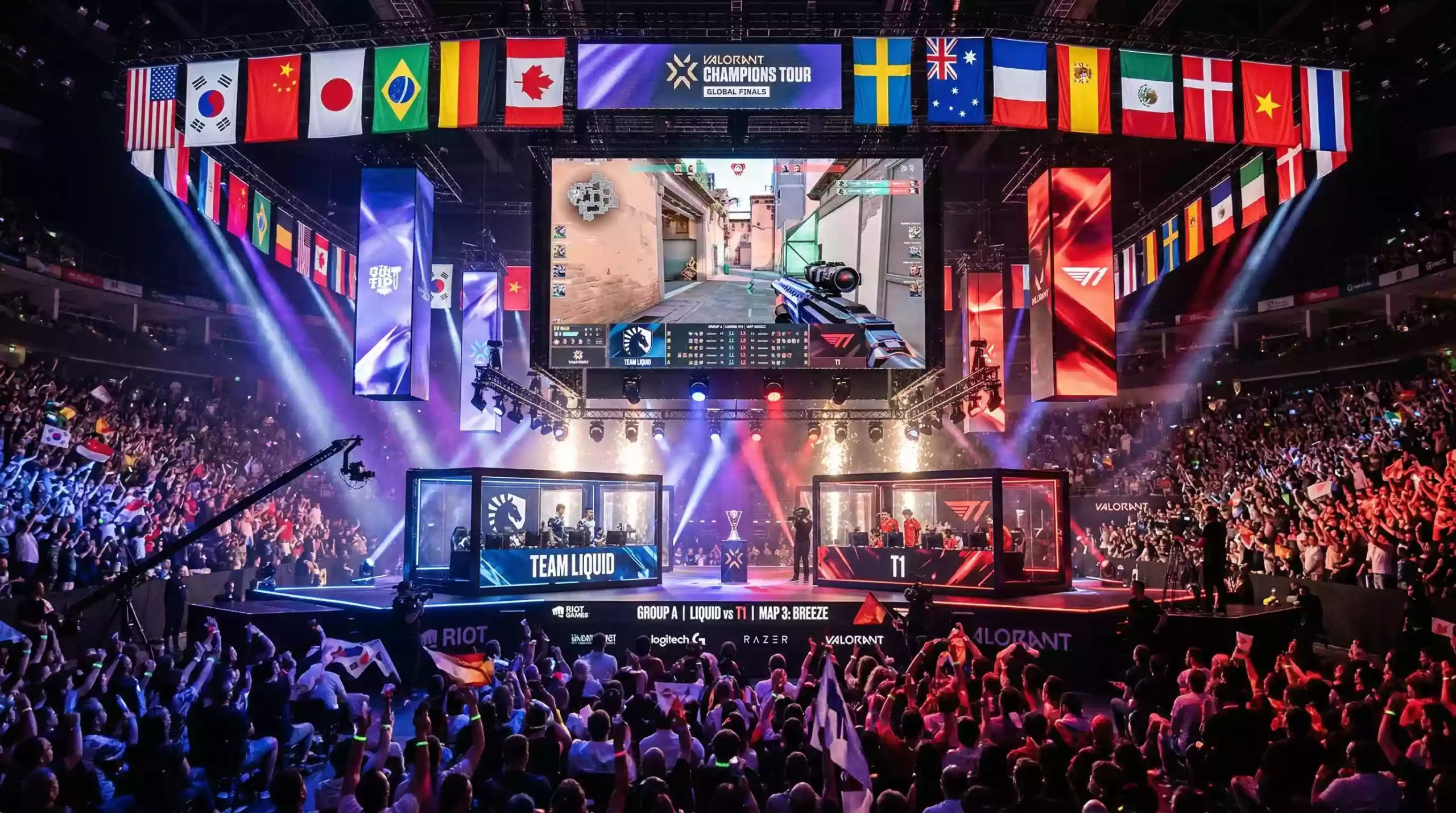 Escenario de torneo internacional de esports con equipos de diferentes regiones
