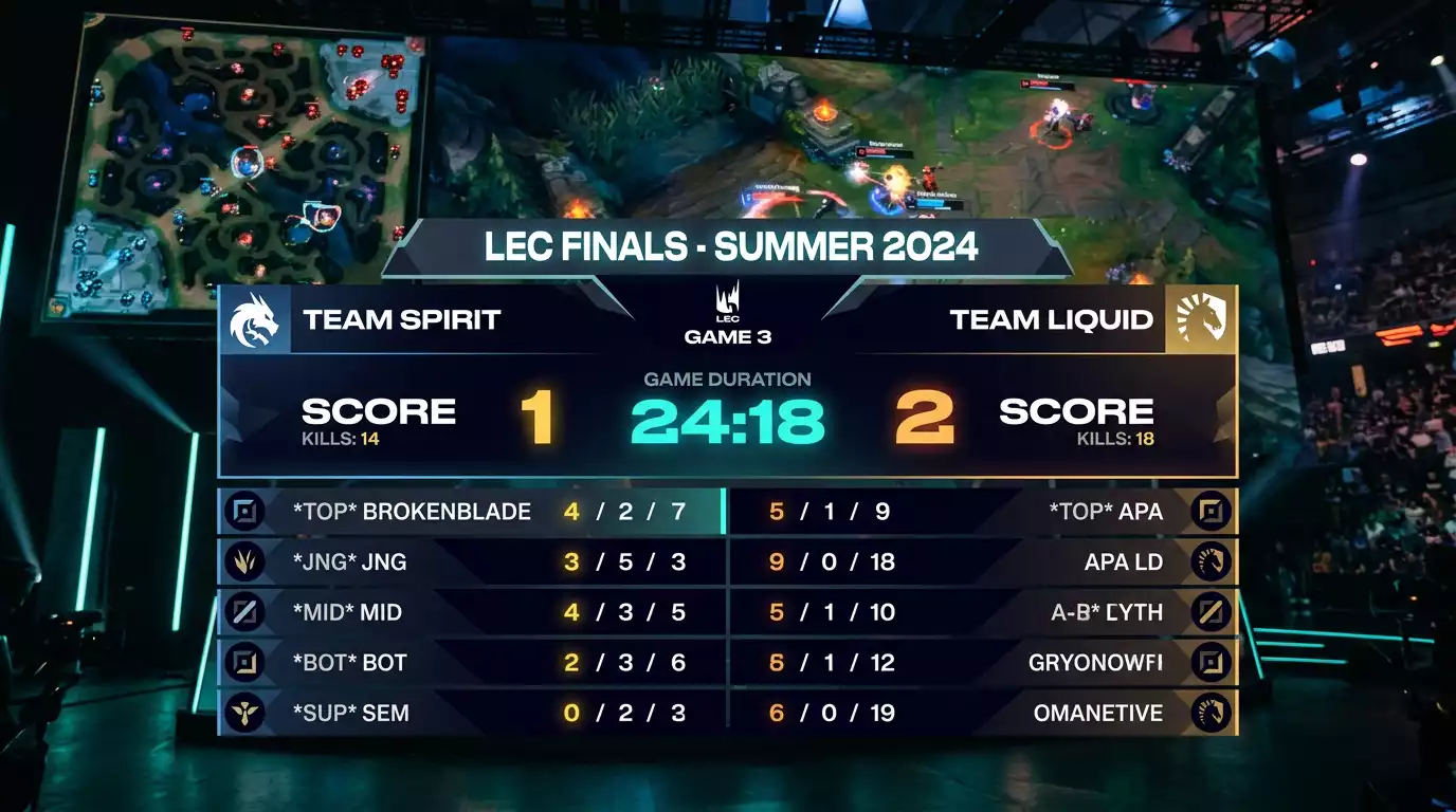 Marcador de partida de esports mostrando estadísticas de kills y tiempo