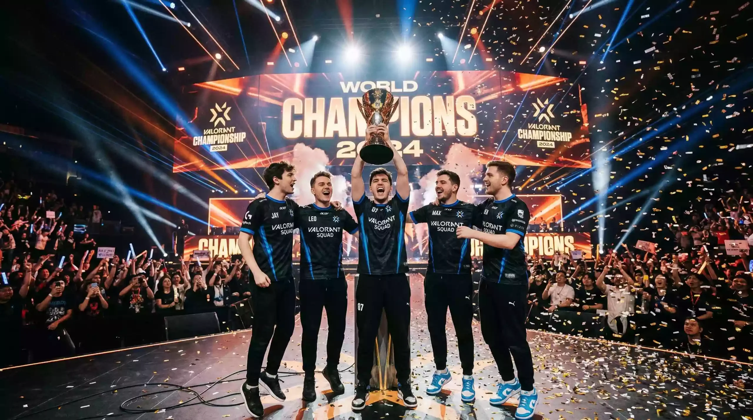 Equipo profesional de esports en escenario de competición con trofeo