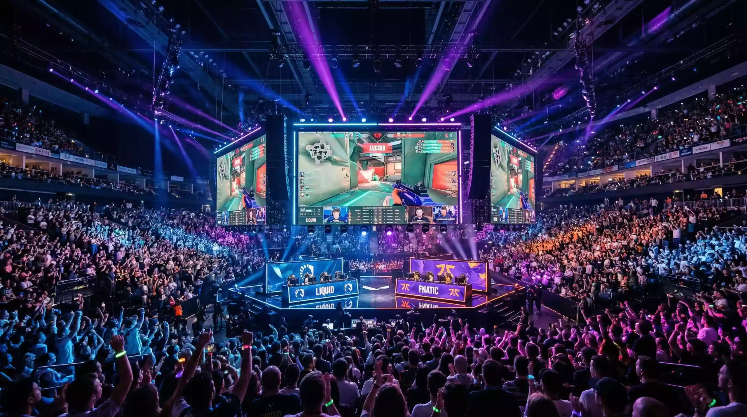 Estadio con pantallas gigantes mostrando partida de esports durante campeonato mundial