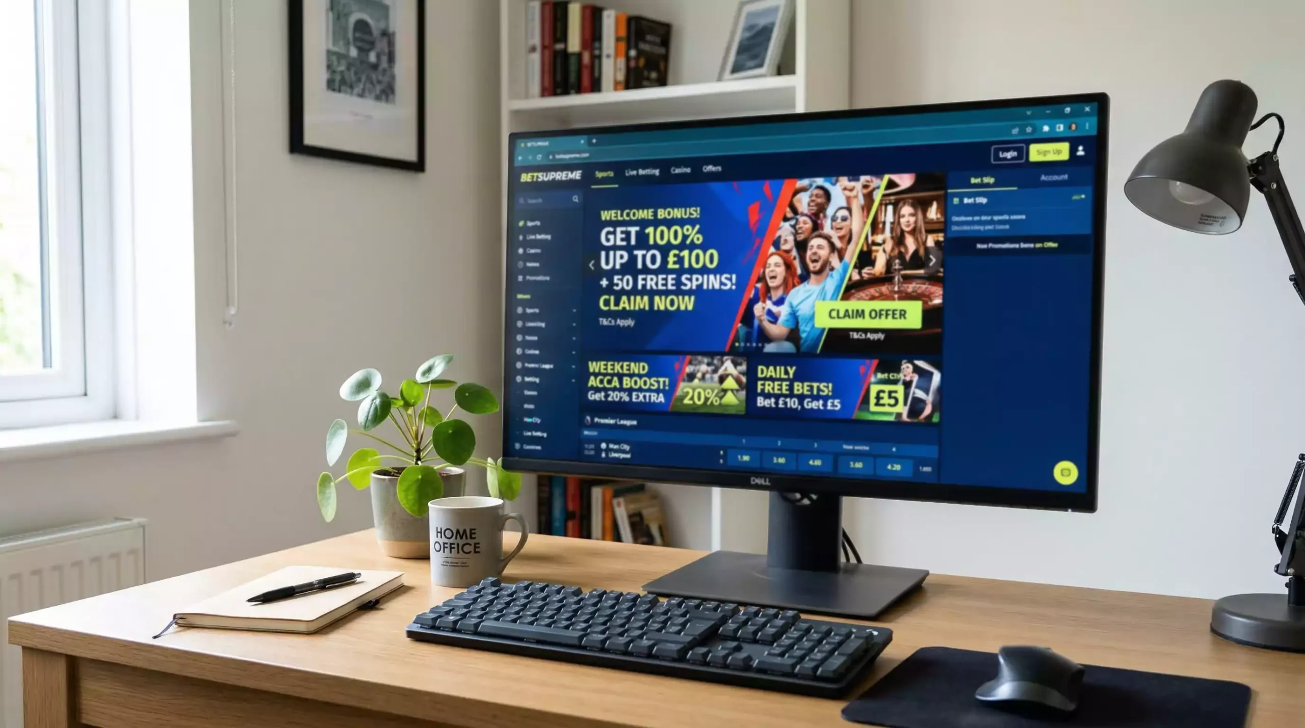Pantalla de ordenador mostrando interfaz de casa de apuestas con promociones
