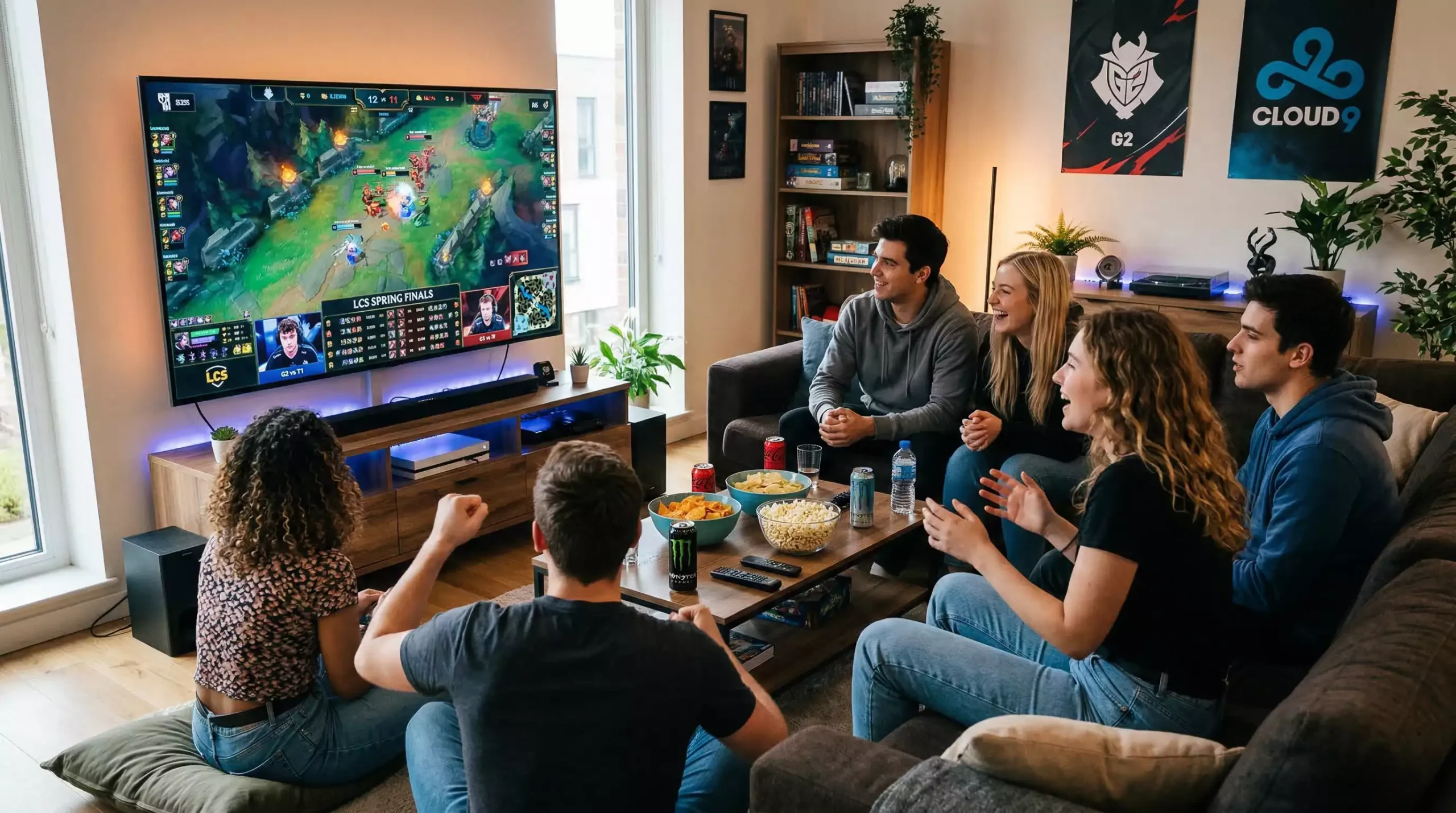 Grupo diverso de jóvenes siguiendo competición de esports en pantallas