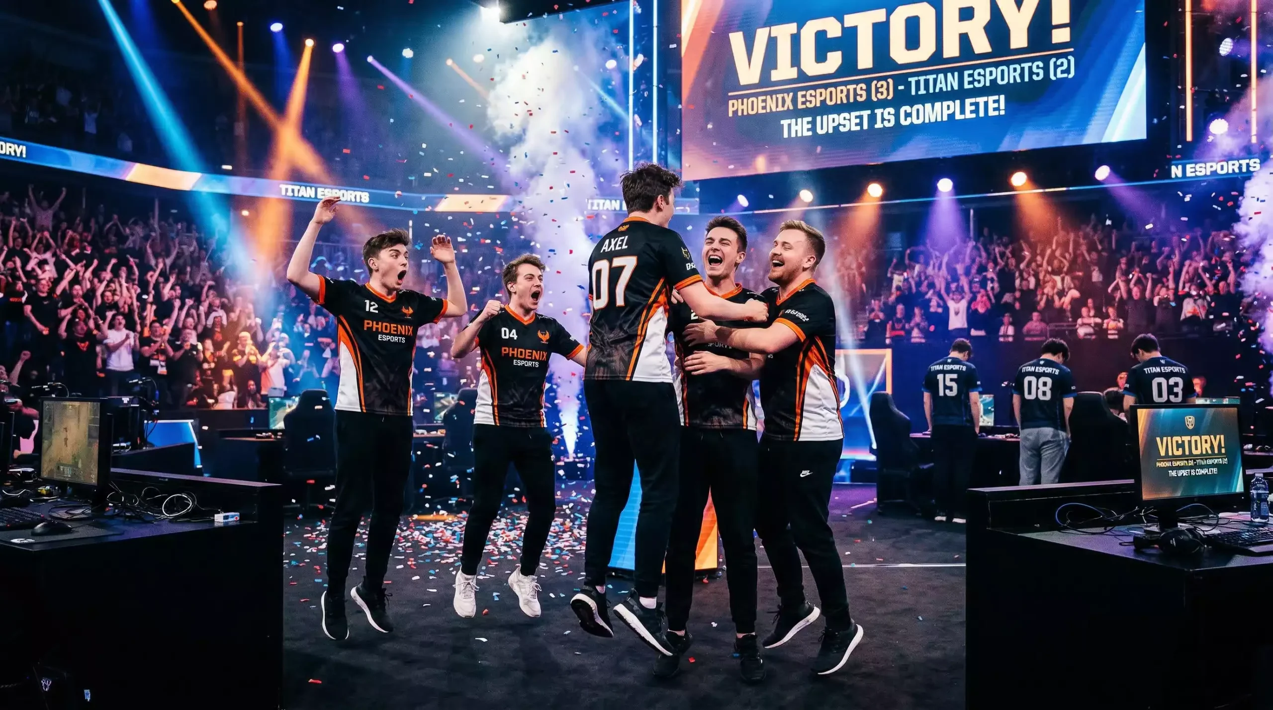 Equipo de esports celebrando victoria sorpresa en competición