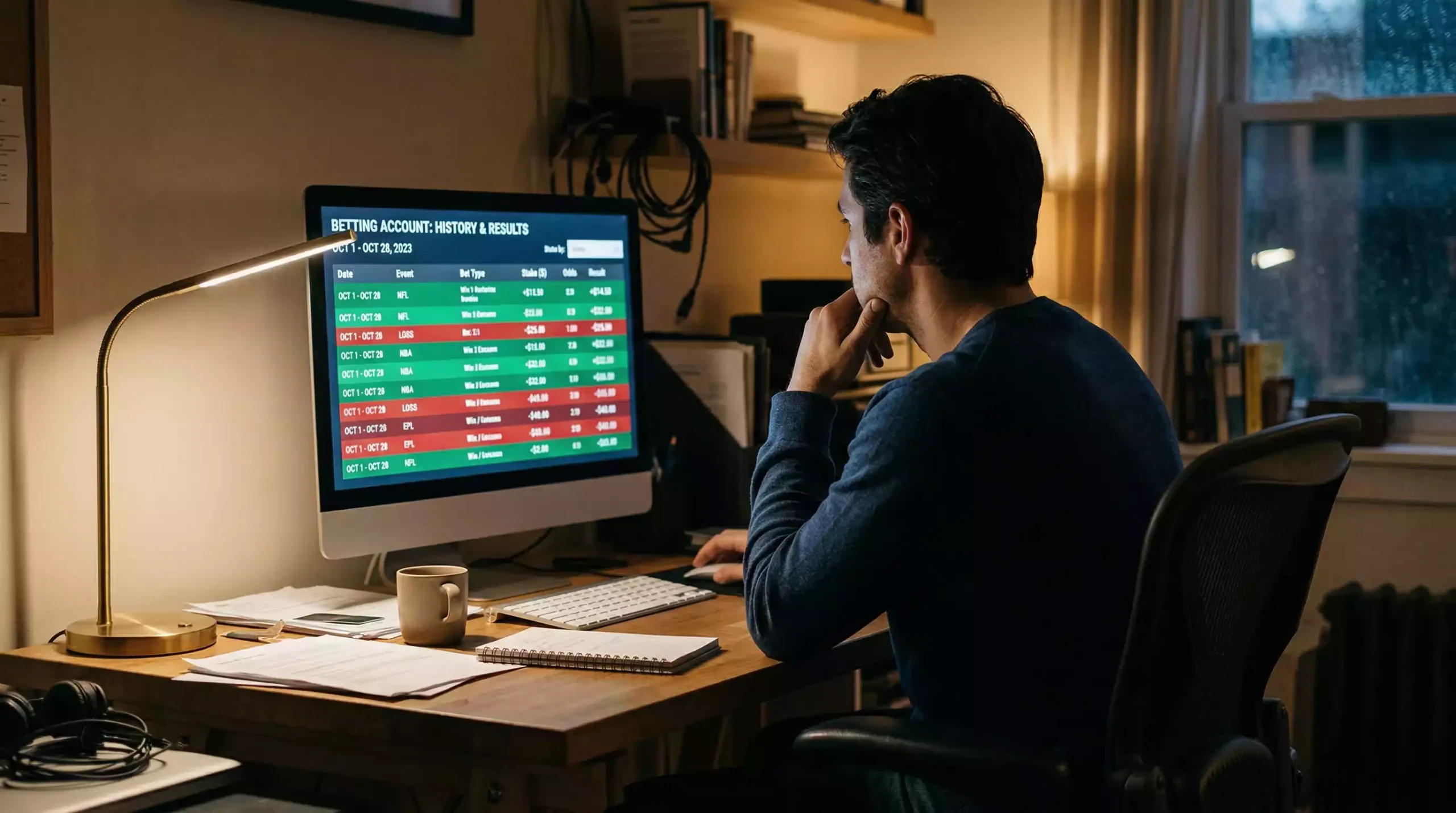 Persona analizando resultados de apuestas en pantalla de ordenador