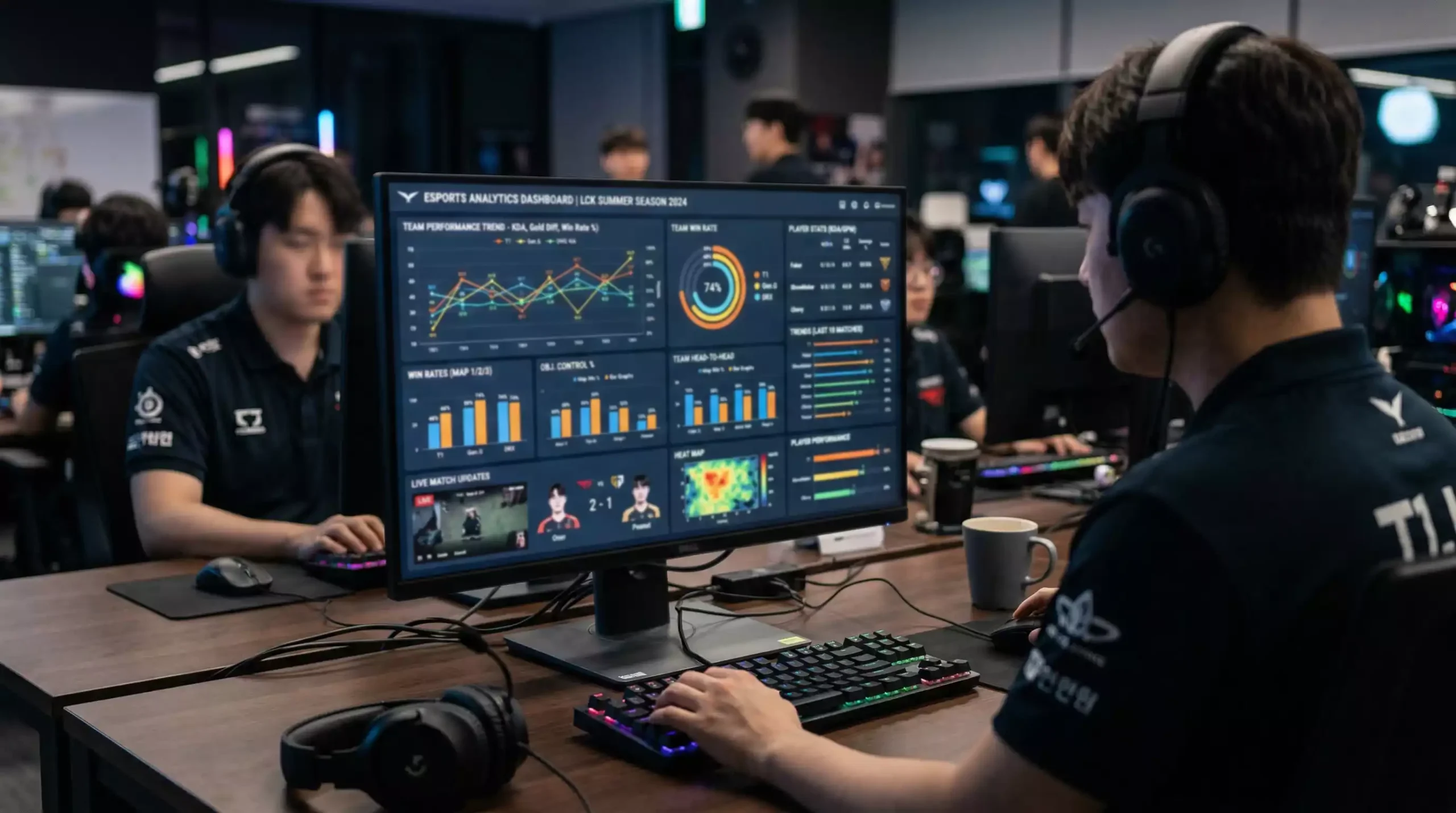 Pantalla con gráficos y estadísticas de rendimiento de equipos de esports