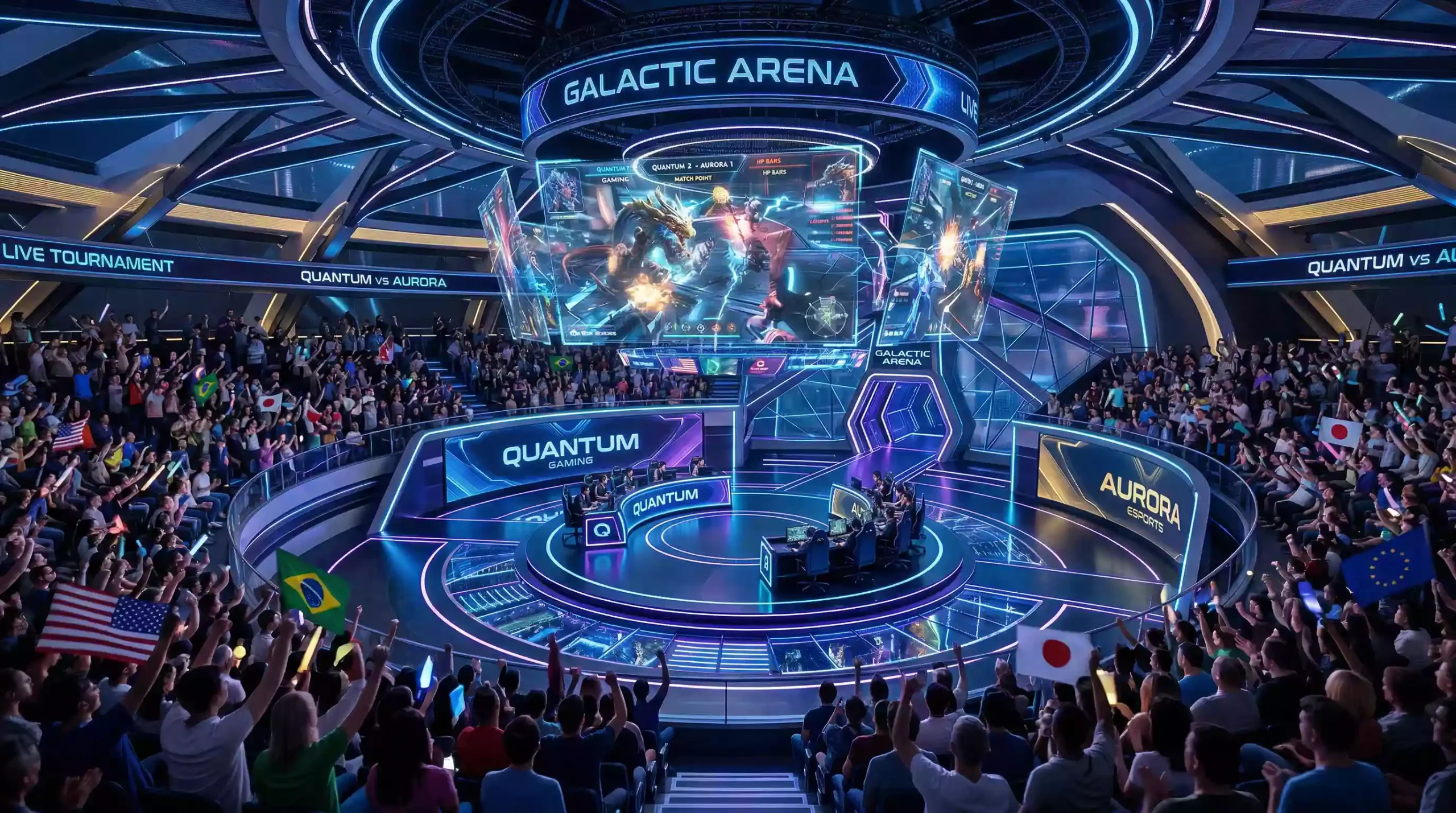 Estadio futurista de esports con tecnología avanzada y audiencia global