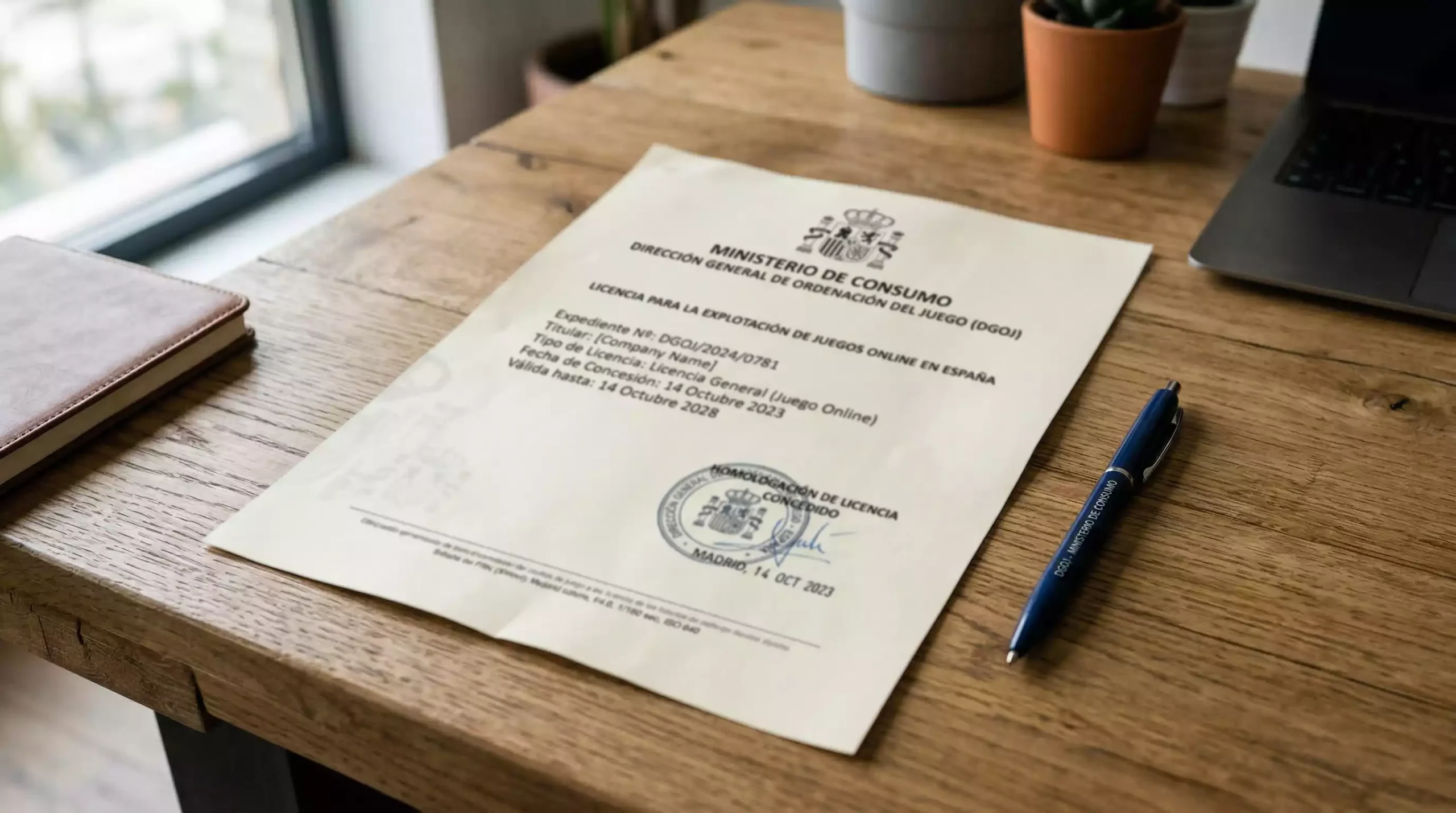 Documento oficial con sello de licencia de juego online en España